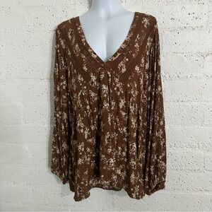 Torrid Womens Plus Top 4 4X Brown Gold Long Sleeve Floral V Neck Rayon BI16